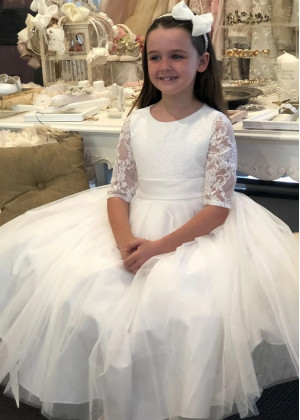 Elbow Sleeve Ivory Lace Tulle Flower Girl Dress